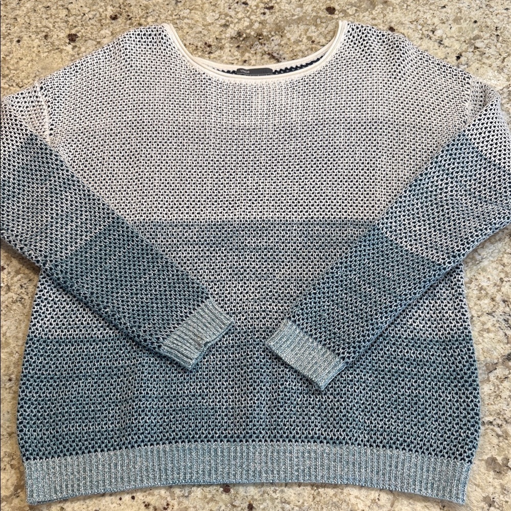 Vince Open Knit Colorblock Cotton Sweater Size L Blue Ivory - Picture 2 of 9